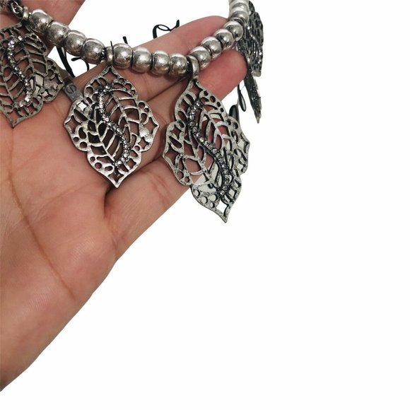 Statement Necklace Silver Tone Gunmetal Rhinestone Bead Necklace - Picture 4 of 6